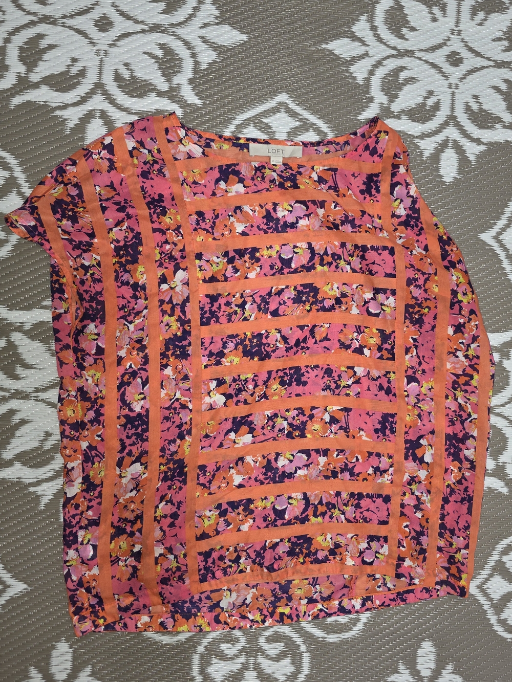 LOFT Pink and Orange Floral Stripe Blouse